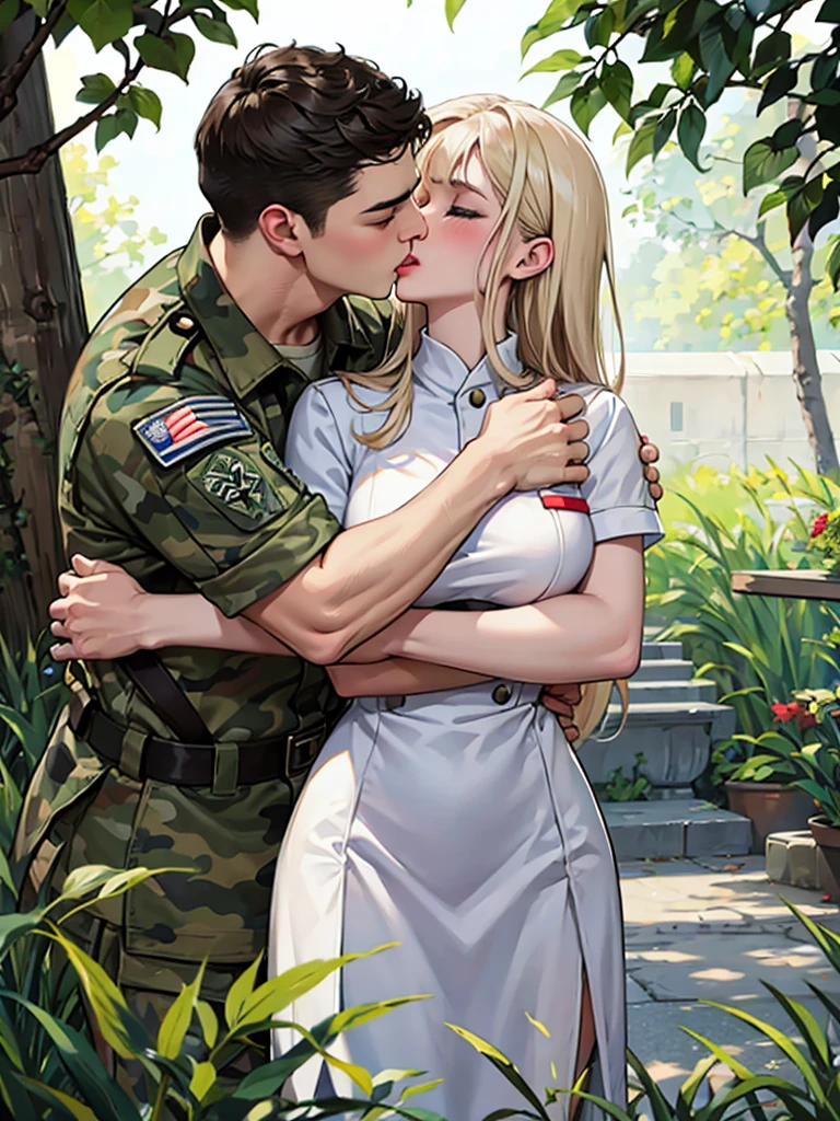White nurses, camouflage soldiers, kisses, hugs.