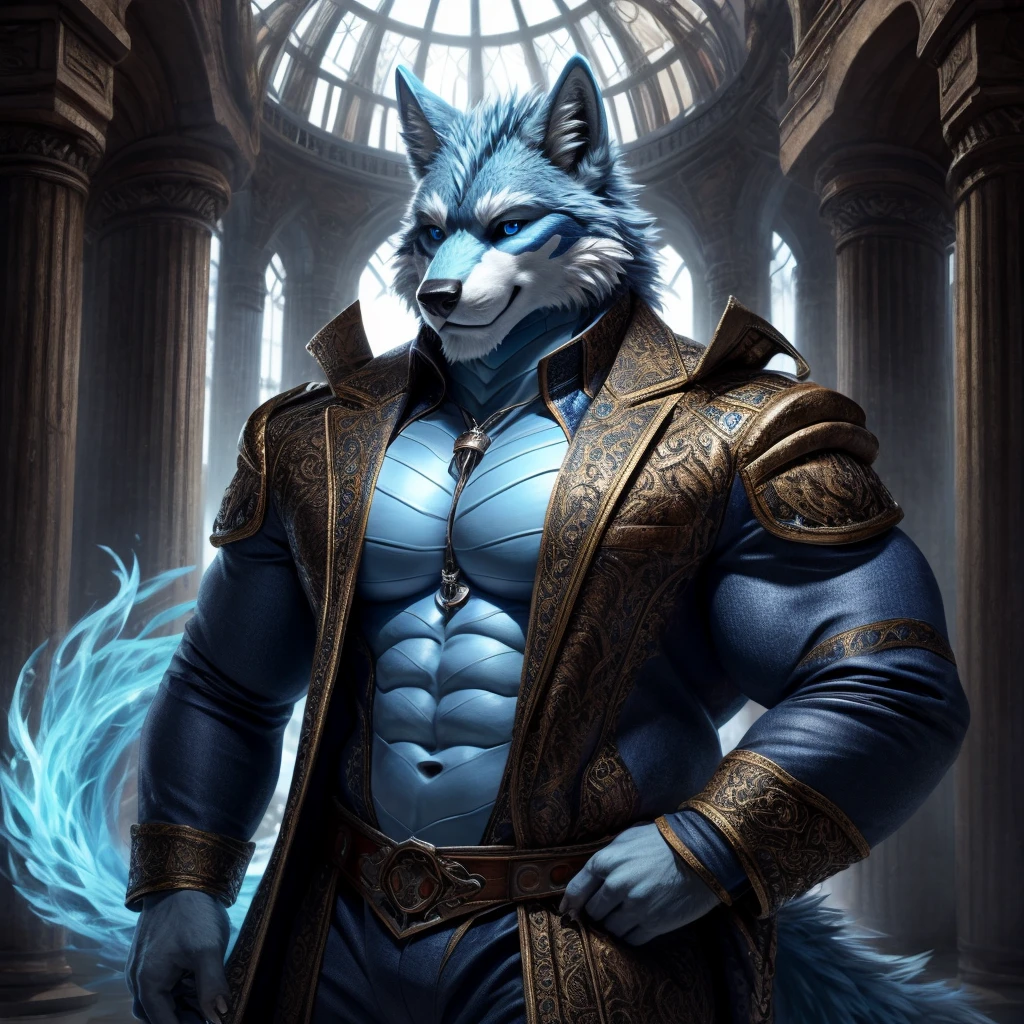 Masterpiece, Solo, Furry Light Blue Wolf, Light Blue Fur,Dark Blue Eyes, Dragon Horns,huge body, Muscular Body, Cool Pose, Charming, Handsome, Good Looking, Casual Outfit