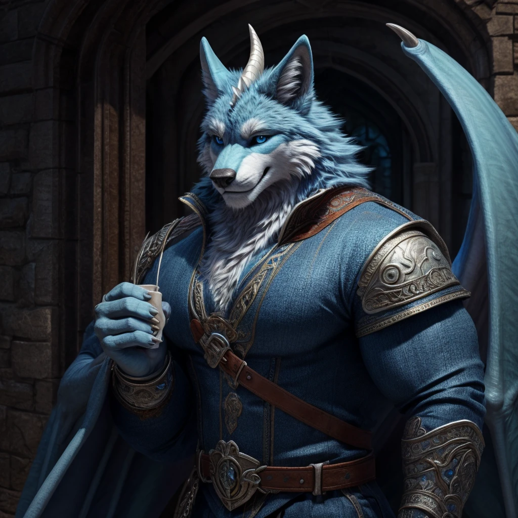Masterpiece, Solo, Furry Light Blue Wolf, Light Blue Fur,Dark Blue Eyes, Dragon Horns,huge body, Muscular Body, Cool Pose, Charming, Handsome, Good Looking, Casual Outfit