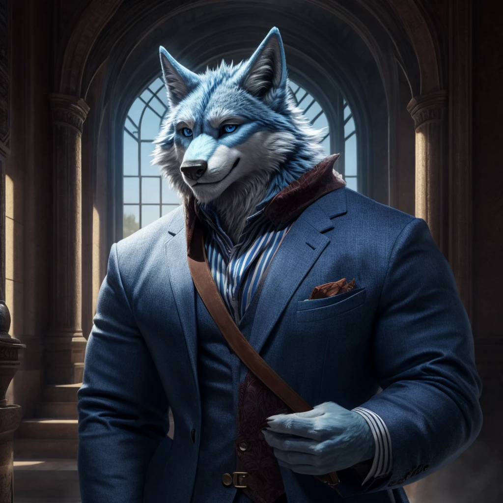 Masterpiece, Solo, Furry Light Blue Wolf, Light Blue Fur,Dark Blue Eyes, Dragon Horns,huge body, Muscular Body, Cool Pose, Charming, Handsome, Good Looking, Casual Outfit