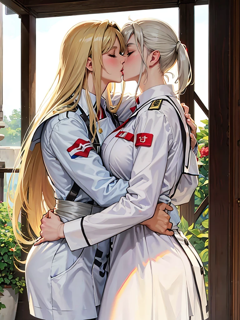 White nurses, camouflage soldiers, kisses, hugs.