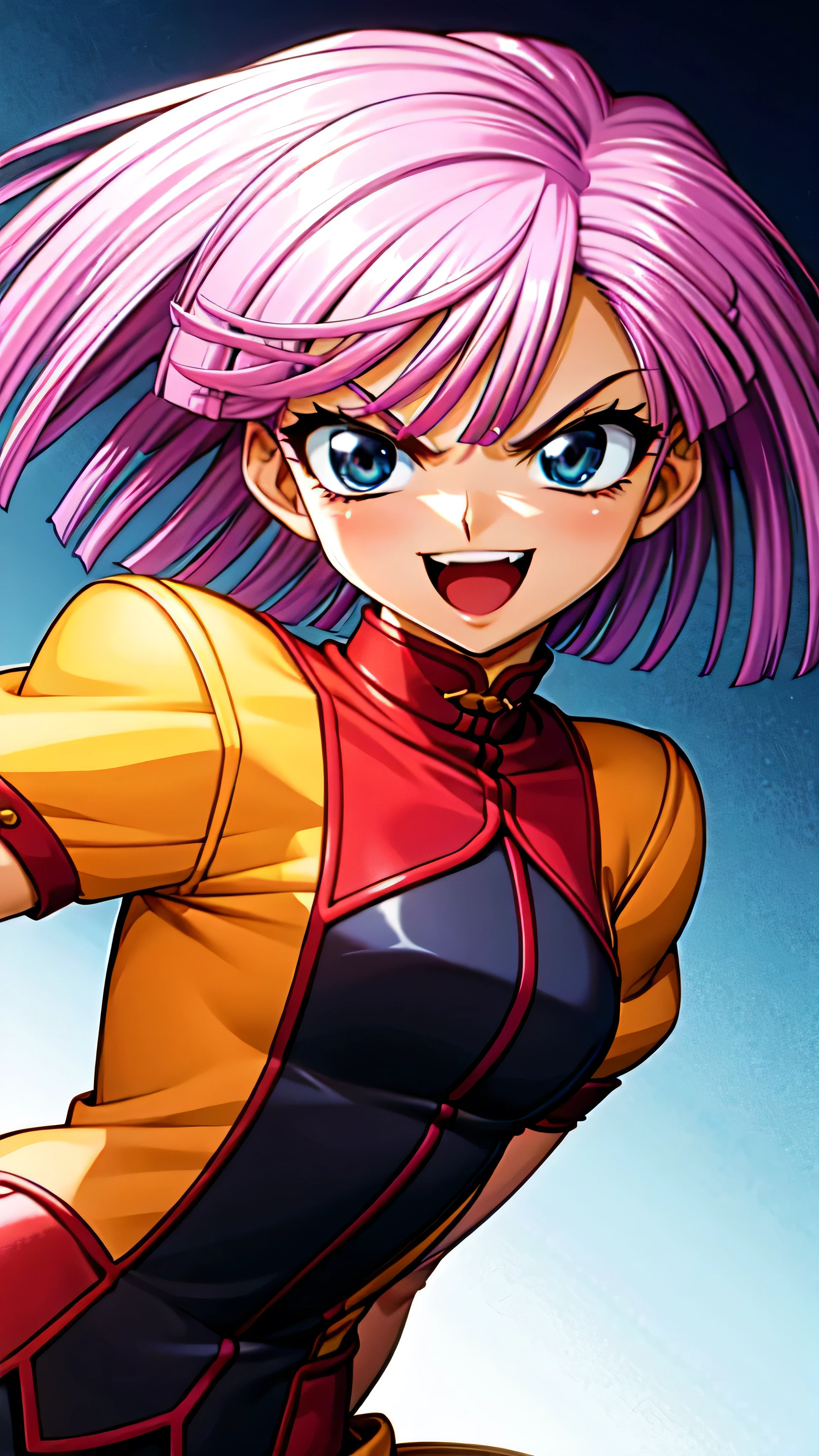 (best_quality 4K, 8K, High resolution, Masterpiece: 1.2), ultra detailed),from_below,(anime_screencap),(1girl,solo),dynamic_angle,too evil_smile,too evil laugh at,tis,deep shaded_face,too sadistic smile,smile worst,,bob short  hair,,,looking at viewer,upper body,black background,too worst smile,too bad smile,too evil smirk,,too sadistic smirk,open mouth,