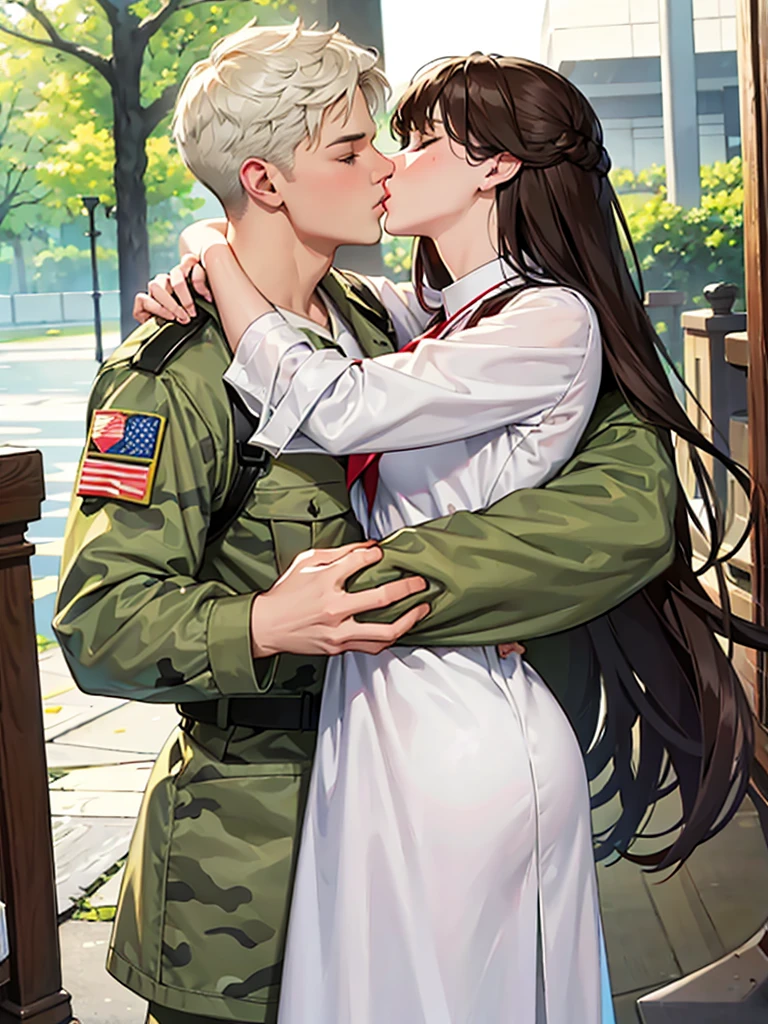 White nurses, camouflage soldiers, kisses, hugs.