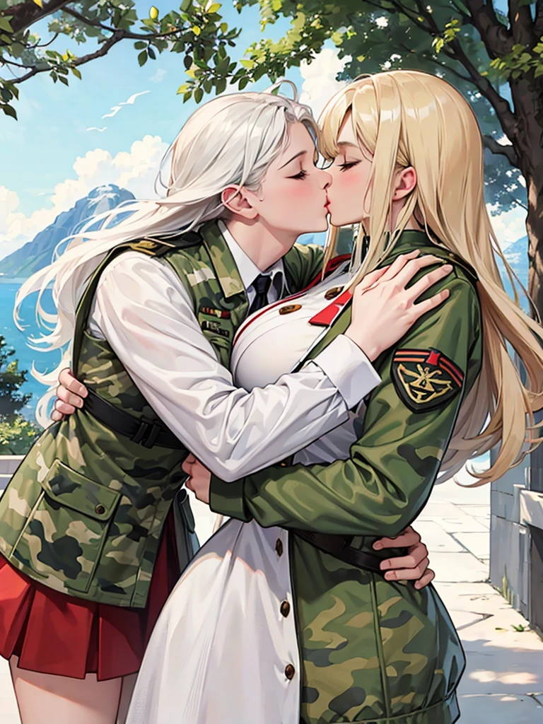 White nurses, camouflage soldiers, kisses, hugs.