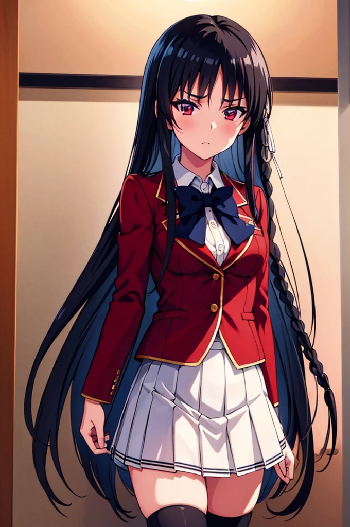 ((masterpiece)), absurdres, high resolution, ((best illustration)), ((super fine illustration)), official art, (anime keyvisual:1.2), perfect anatomy, 8k, 8k portrait,
1girl,
Suzune Horikita,
Suzune Horikita \(youjitsu\),
long hair, braid,
black hair,
red eyes, slant eyes, small eyes,
blue bow,
medium breasts,
red jacket, shirt formal, white skirt, pleated skirt, black thigh-high socks,
looking at viewer,
cowboy shot,
perfect light, background of indoor,