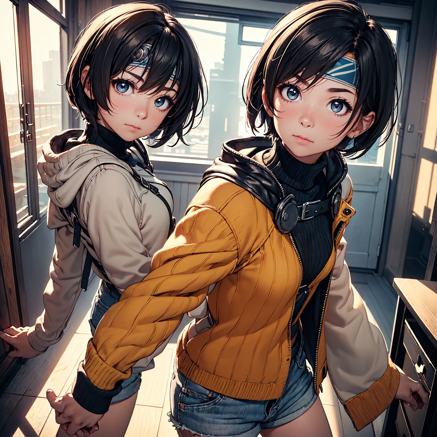 8K quality,(super masterpiece:1.3),Highest quality,Detailed Images,The real picture,Natural lighting,symmetrical beauty,1 female,9 expressions,Nine portraits,lots of sketches,Yuffie Kisaragi,Hairstyle(short hair),clothing(head band,turtleneck,No sleeve,Shorts),(very cute:1.3),(Face directly towards the camera,Looking directly at the viewer,looking at the camera,The body faces the viewer,The body is facing the direction of the camera,Face looking straight into the camera).