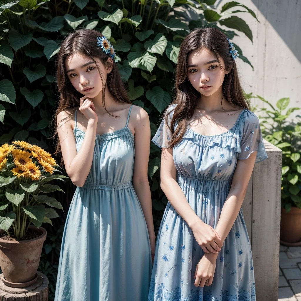 Young 18-year-old güerita.years blue leaves flower dress selling gerbera flowers
