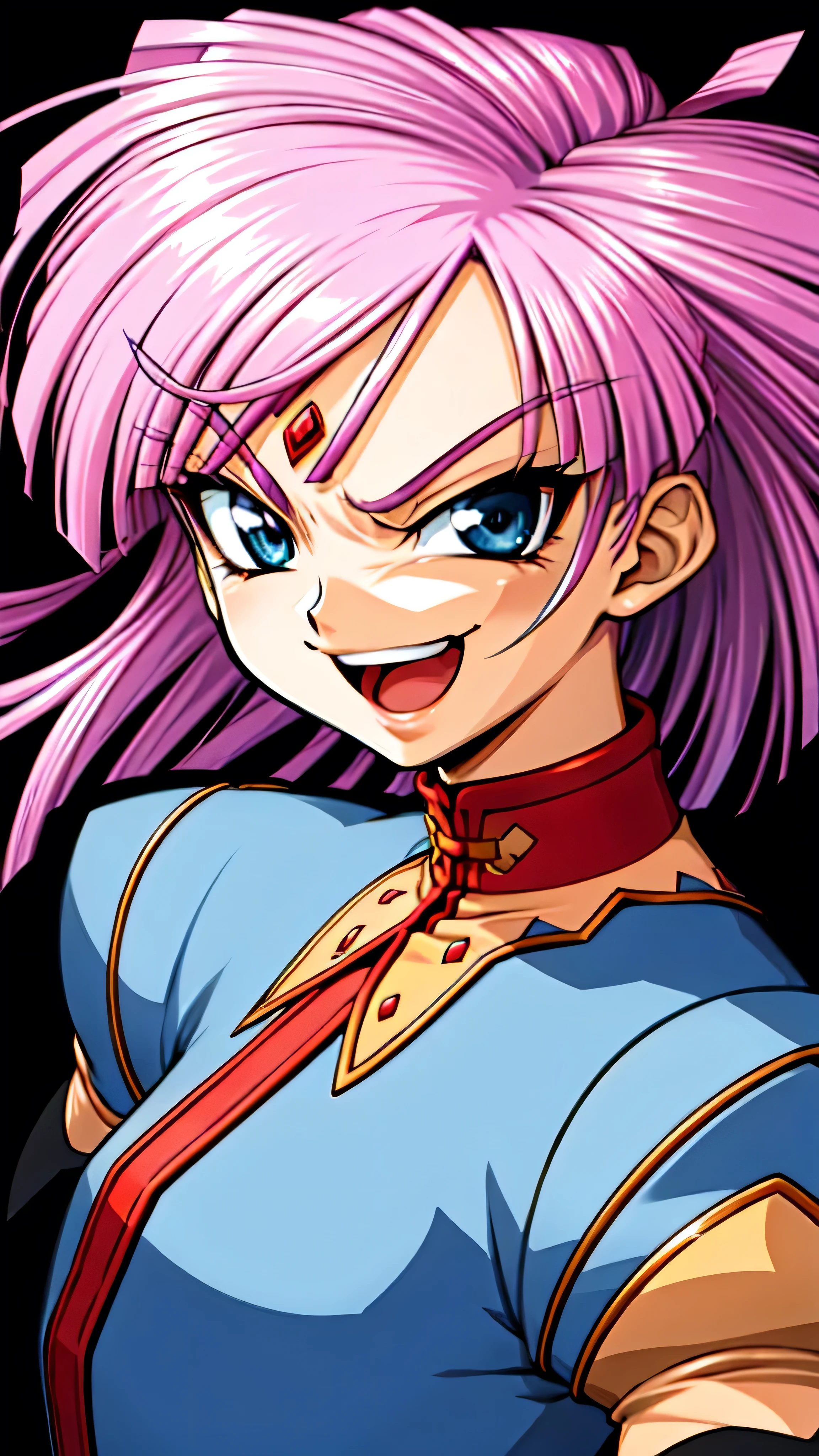 (best_quality 4K, 8K, High resolution, Masterpiece: 1.2), ultra detailed),from_below,(anime_screencap),(1girl,solo),dynamic_angle,too evil_smile,too evil laugh at,tis,deep shaded_face,too ic smile,smile worst,,bob short  hair,,,looking at viewer,upper body,black background,too worst smile,too bad smile,too evil smirk,,too sadistrk,open mouth,