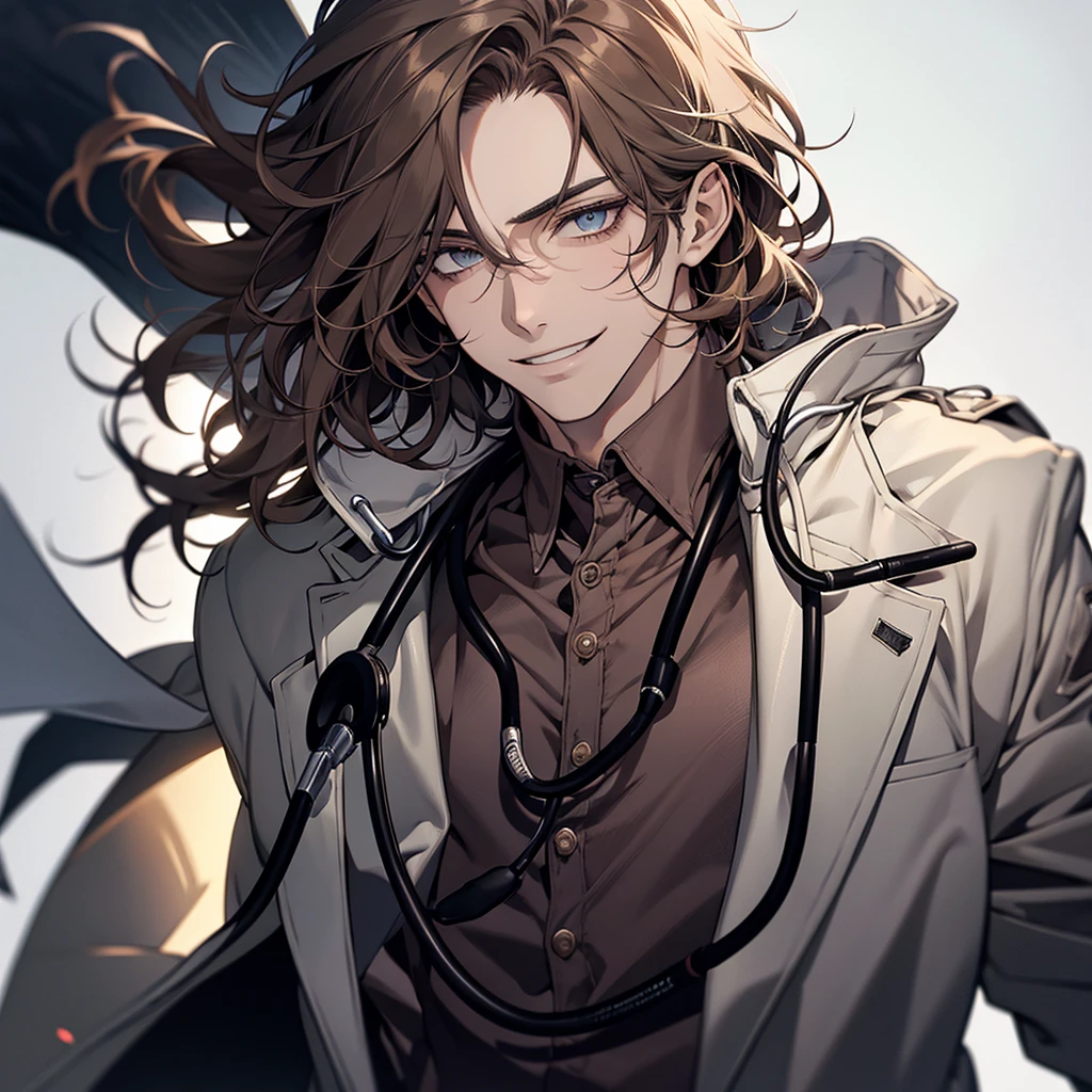 1 boy,Handsome face, Perfect Male Body,Looking at the camera, Psychiatric doctor with blood on his face, (Wicked Smile,doctor, gray coat, notebook in hand,Stethoscope)ward,Dim Light,Dark Room,masterpiece,Half Body, Portraiture,Ray Tracing, Look at the details, Fine grain, The eyes are detailed,Brown Hair,Medium wavy hair