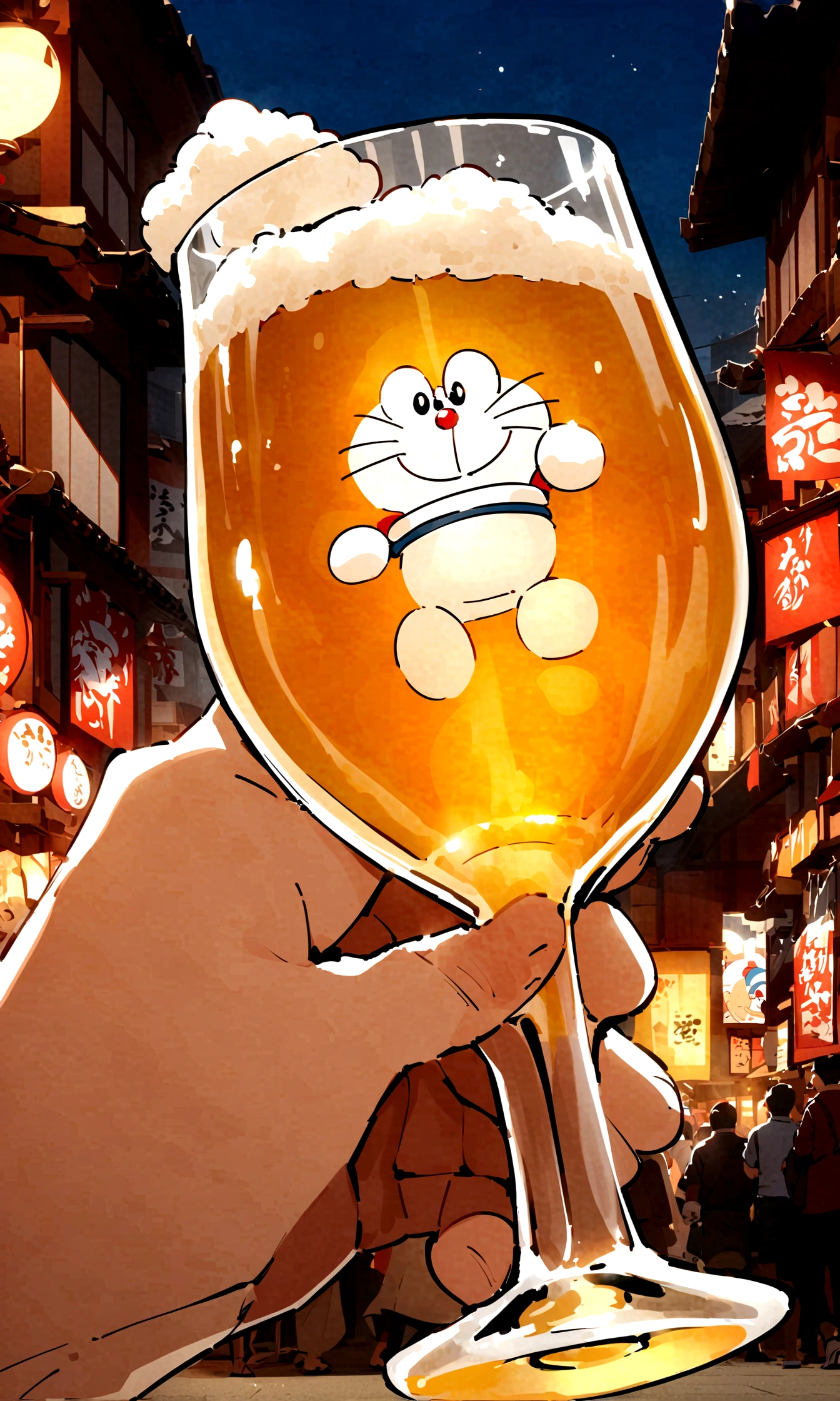 Doraemon，drink beer，Japanese anime style，Future Japanese street background，Wearing a futuristic Japanese kimono，Full beer glass，Japanese style，japonisme，真实Doraemon头像，male，blue