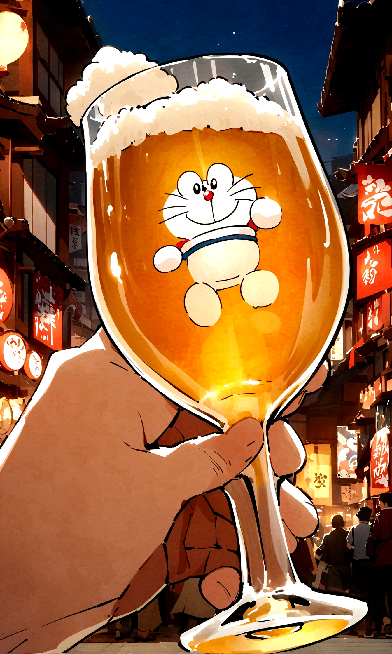 Doraemon,drink beer,Japanese anime style,Future Japanese street background,Wearing a futuristic Japanese kimono,Full beer glass,Japanese style,japonisme,真实Doraemon头像,male,blue