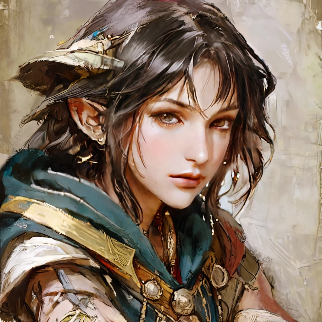 kasukanrasty, masterpiece, best quality, 1girl, a bust up three fourth perspective portrait view of a beautiful young female sorceress wearing adventurer clothing, upper body, looking at viewer, simple background