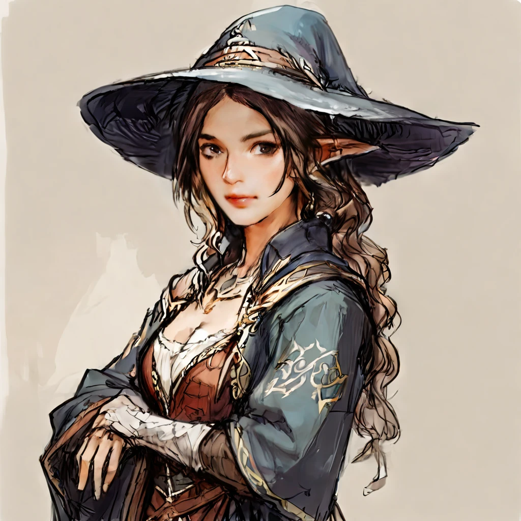 kasukanrasty, masterpiece, best quality, 1girl, a bust up three fourth perspective portrait view of a beautiful young female sorceress wearing adventurer clothing, upper body, looking at viewer, simple background