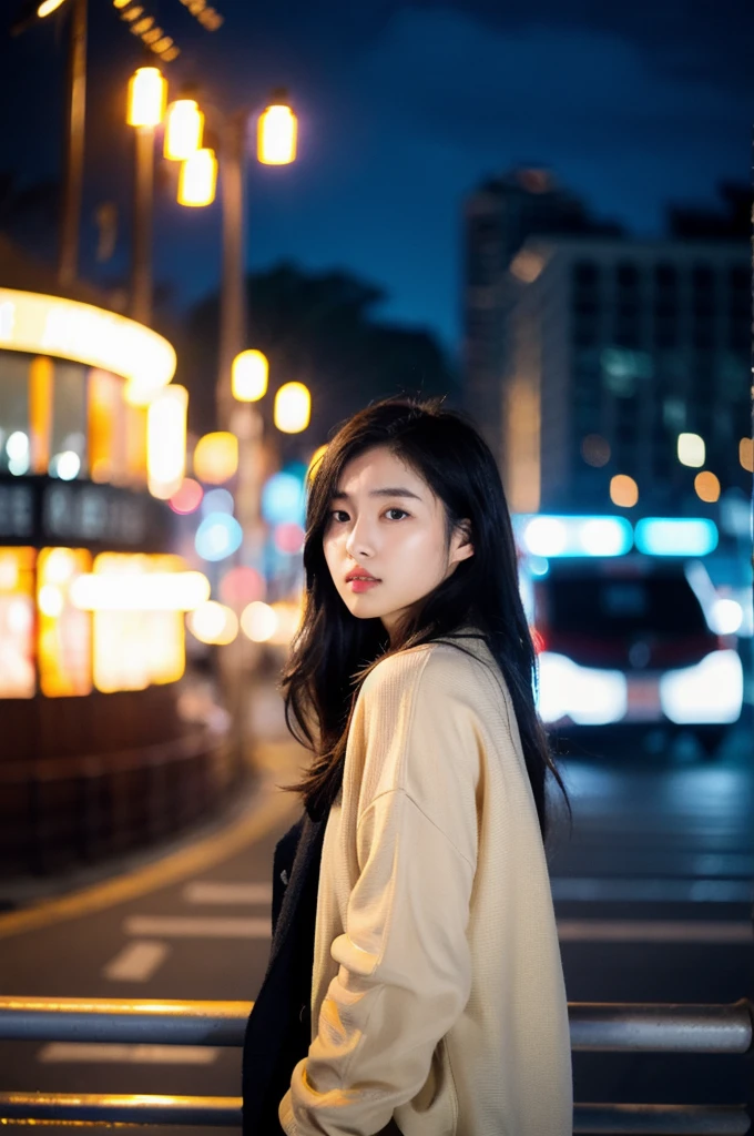 (Cinematic Aesthetic:1.4) Photo of a beautiful Korean fashion model bokeh city nightwalking on the beach