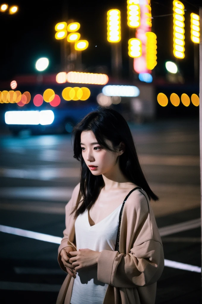 (Cinematic Aesthetic:1.4) Photo of a beautiful Korean fashion model bokeh city nightwalking on the beach