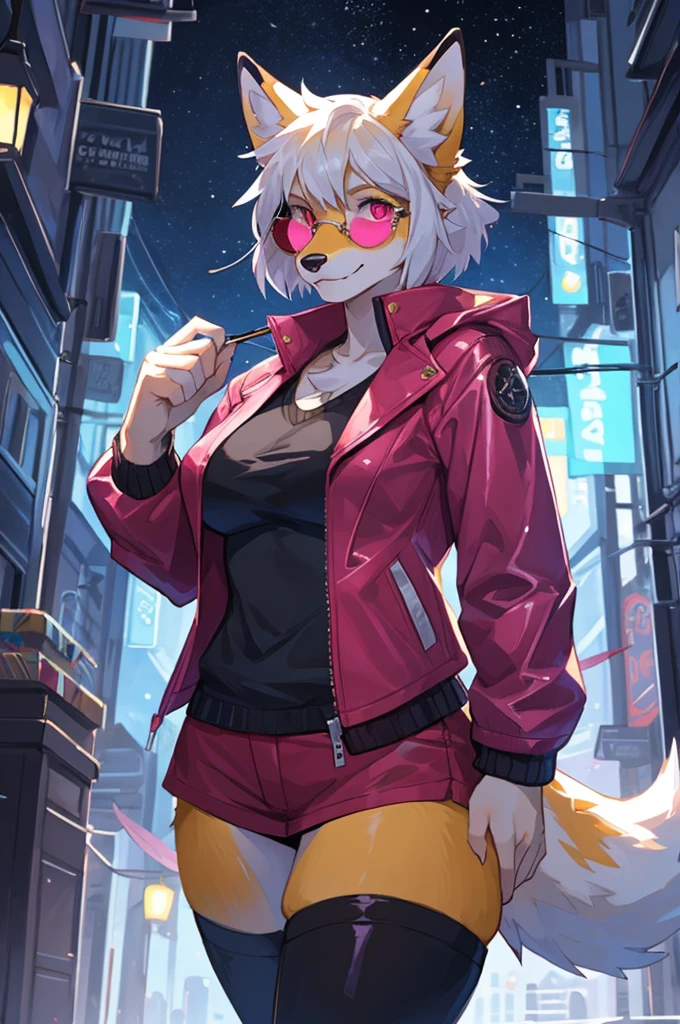 by bebebebebe, by spuydjeks, by spikedmauler, by moonrick, by asaneman, uploaded to e621, seductor, very detailed and beautiful, (female, anthro, anthro animal:1.1), 1girl, night time, anthro fox girl, canine, canid, cute face, adorable face, feminine face structure, female, mature woman, hourglass figure, 1tail, short hairstyle, (thick thighs:1.1), (big breasts:1.1), BREAK, ((KD/A outfit)), perfect posture), ((short hair)), ((round sunglasses)), ((fur jacket)), ((Pink leather jacket)) white hair, ((vibrant yellow fox)), pink eye color, ((KD/A)), cyberpunk