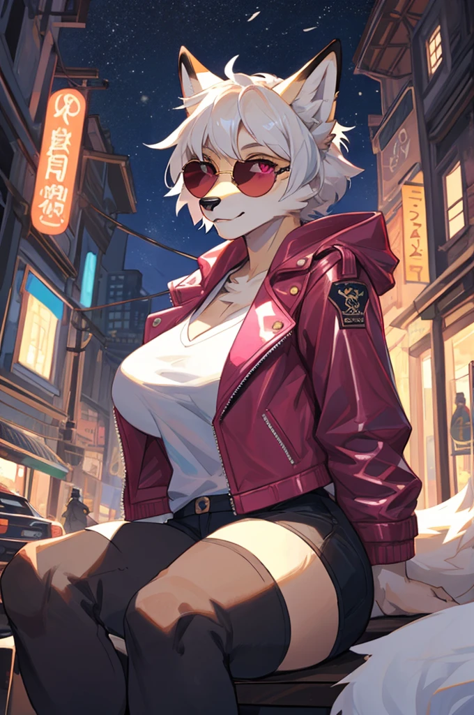by bebebebebe, by spuydjeks, by spikedmauler, by moonrick, by asaneman, uploaded to e621, seductor, very detailed and beautiful, (female, anthro, anthro animal:1.1), 1girl, night time, anthro fox girl, canine, canid, cute face, adorable face, feminine face structure, female, mature woman, hourglass figure, 1tail, short hairstyle, (thick thighs:1.1), (big breasts:1.1), BREAK, ((KD/A outfit)), perfect posture), ((short hair)), ((round sunglasses)), ((fur jacket)), ((Pink leather jacket)) white hair, ((vibrant yellow fox)), pink eye color, ((KD/A)), cyberpunk