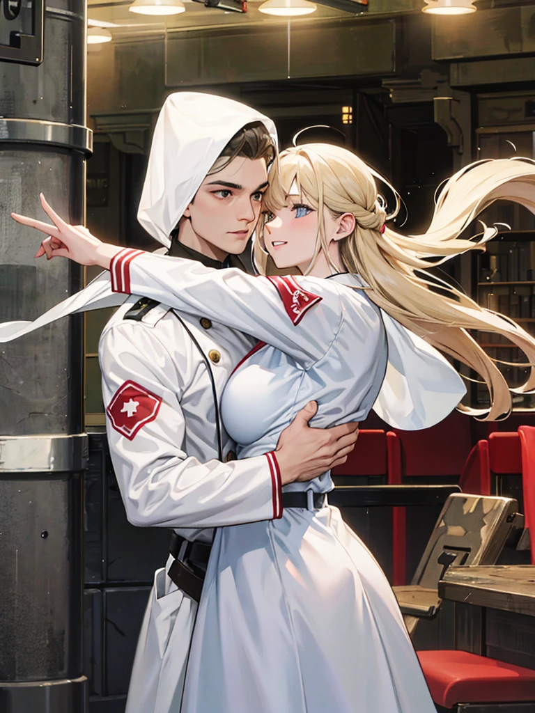 White nurses, camouflage soldiers, hugs.