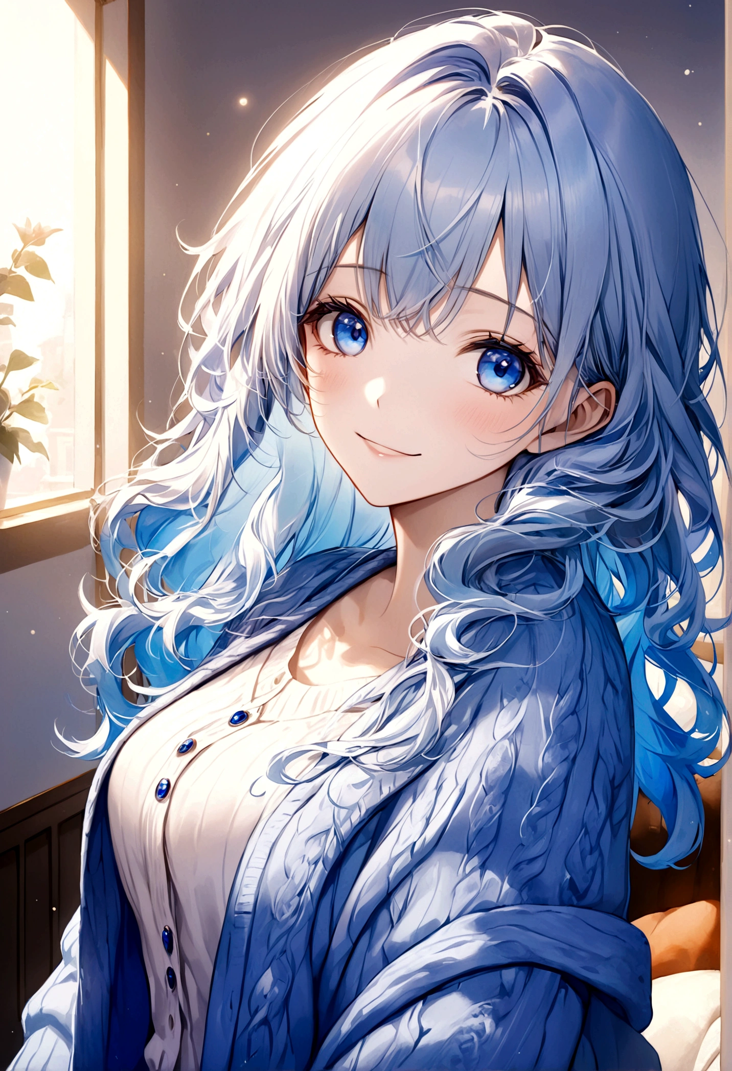 ((top-quality)), ((​masterpiece)), ((ultra-detailliert)), (extremely delicate and beautiful), beautiful woman, bright light blue hair, long wavy hair, sapphire blue eyes, cozy cardigan, white shirt under cardigan, sweet smile, fair complexion, cozy background