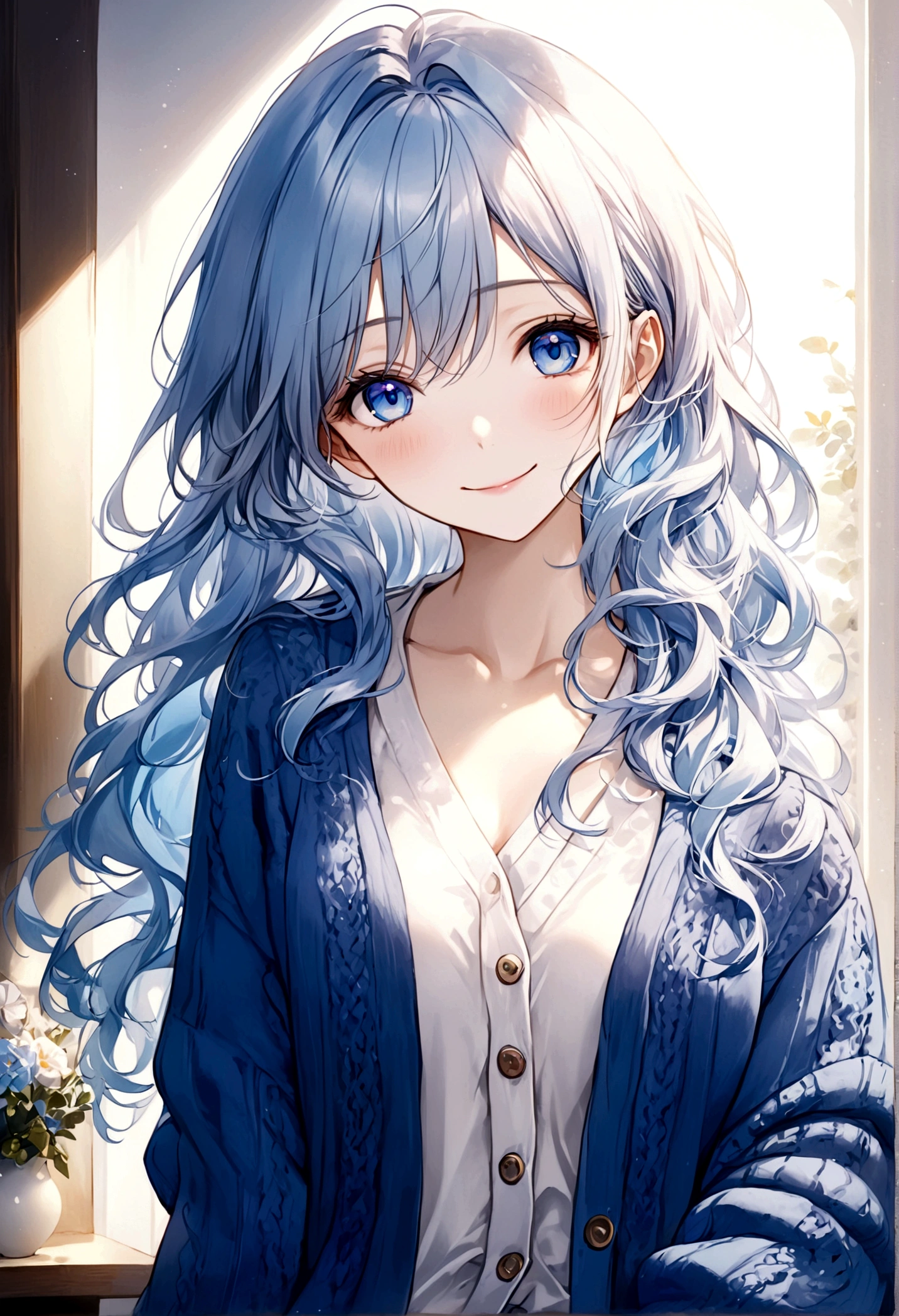 ((top-quality)), ((masterpiece)), ((ultra-detailliert)), (extremely delicate and beautiful), beautiful woman, bright light blue hair, long wavy hair, sapphire blue eyes, cozy cardigan, white shirt under cardigan, sweet smile, fair complexion, cozy background