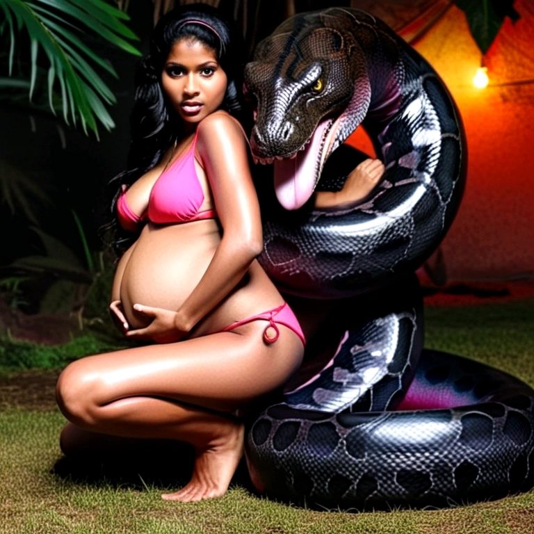 Pink bikini Pregnant Happy Horny, aroused 1girl), beautiful kneeling Indian  girl  with  giant colossal black titanboa monster  squeezing her hard, wrapped in thick spiraling coils, constricted, struggle, gasping for air, snake attack, snake peril, moonless night, dim light