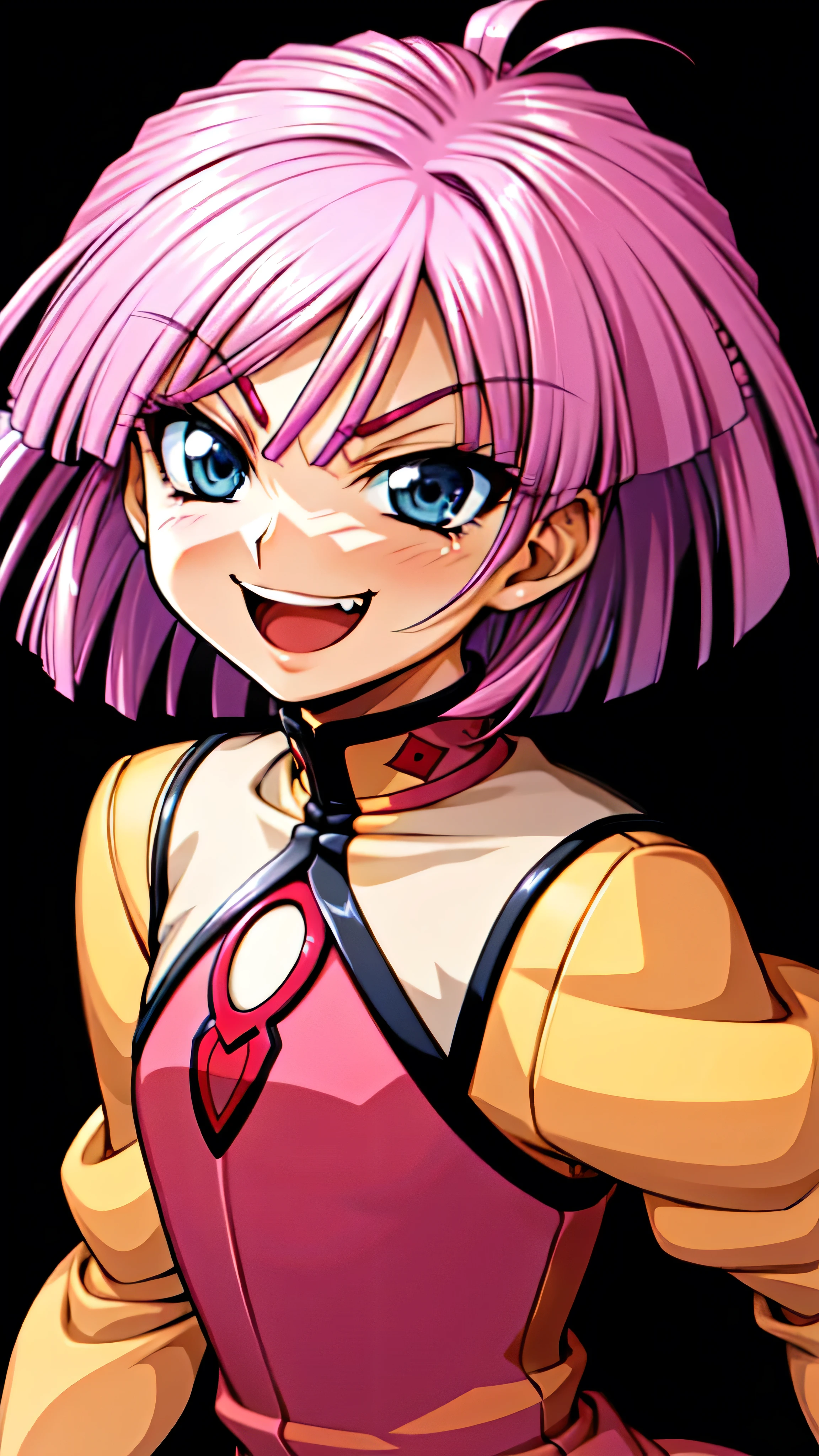 (best_quality 4K, 8K, High resolution, Masterpiece: 1.2), ultra detailed),from_below,(anime_screencap),(1girl,solo),dynamic_angle,too evil_smile,too evil laugh at,tis,deep shaded_face,too sadistic smile,smile worst,,bob short  hair,,,looking at viewer,upper body,black background,too worst smile,too bad smile,too evil smirk,,too sadistic smirk,open mouth,