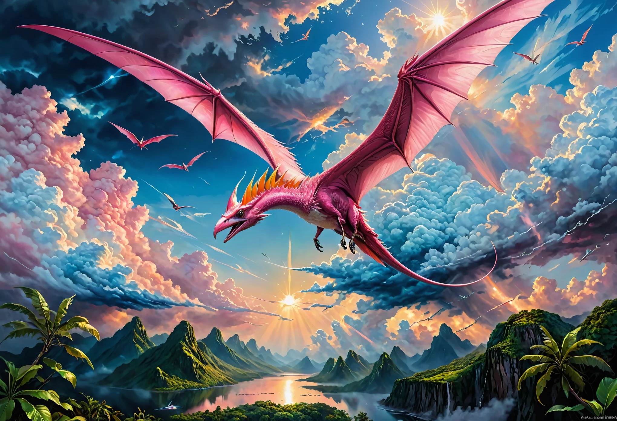 Illustration of the Pink Pteranodon, detailed Pteranodon, gloss and reflections, sharp-eyed, overwhelming ruler of the sky, The figure of a Pteranodon flying through the clouds, Mother Nature,
oil painting, bold stroke of the pen, intricate detail rendering, digital art, 3D rendering, Octane render, breathtakingly beautiful CG