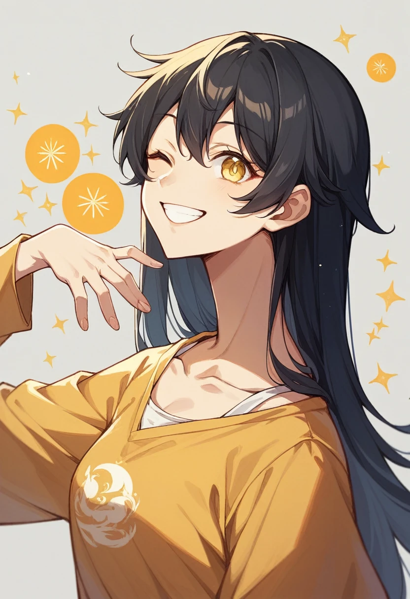 16-year-old girl、Anime style painting、Upper body close-up、Wink,big smile、From the side, impression, orange tones、black Hair, (Sparkling yellow eyes)、Delicate contours,simple background,yellow nosleeve