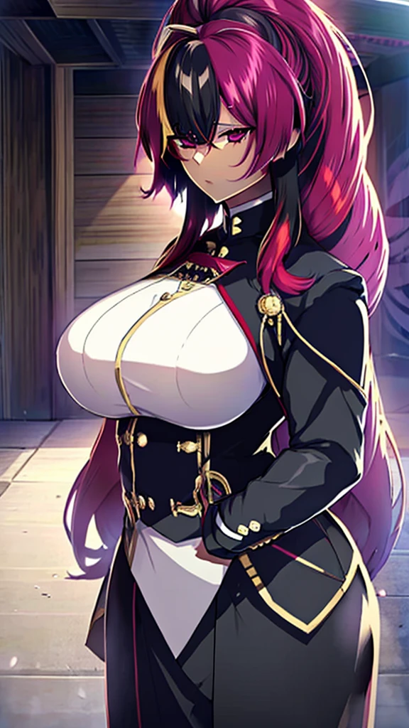 Anime, 1 girl, huge hairstyle, multicolored hair, magenta eyes, serious face, busty, big And round buson, gorgeous plump body, Black military's uniform, Holding a weapon, Very large hair