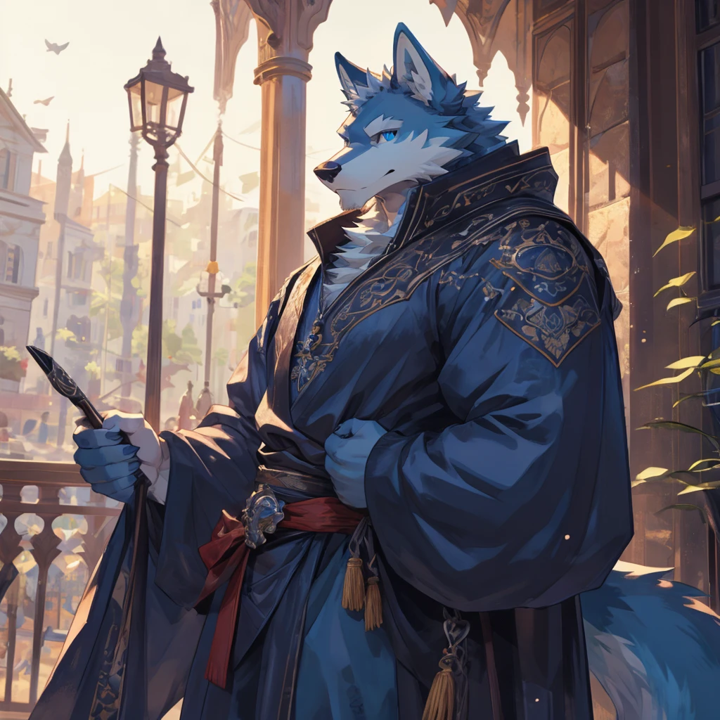 Masterpiece, Solo, Furry Light Blue Wolf, Light Blue Fur,Dark Blue Eyes, Dragon Horns,huge body, Muscular Body, Cool Pose, Charming, Handsome, Good Looking, Casual Outfit