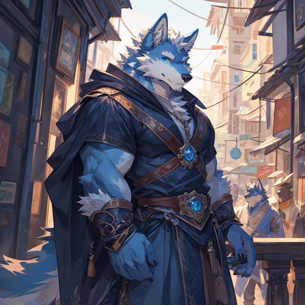 Masterpiece, Solo, Furry Light Blue Wolf, Light Blue Fur,Dark Blue Eyes, Dragon Horns,huge body, Muscular Body, Cool Pose, Charming, Handsome, Good Looking, Casual Outfit