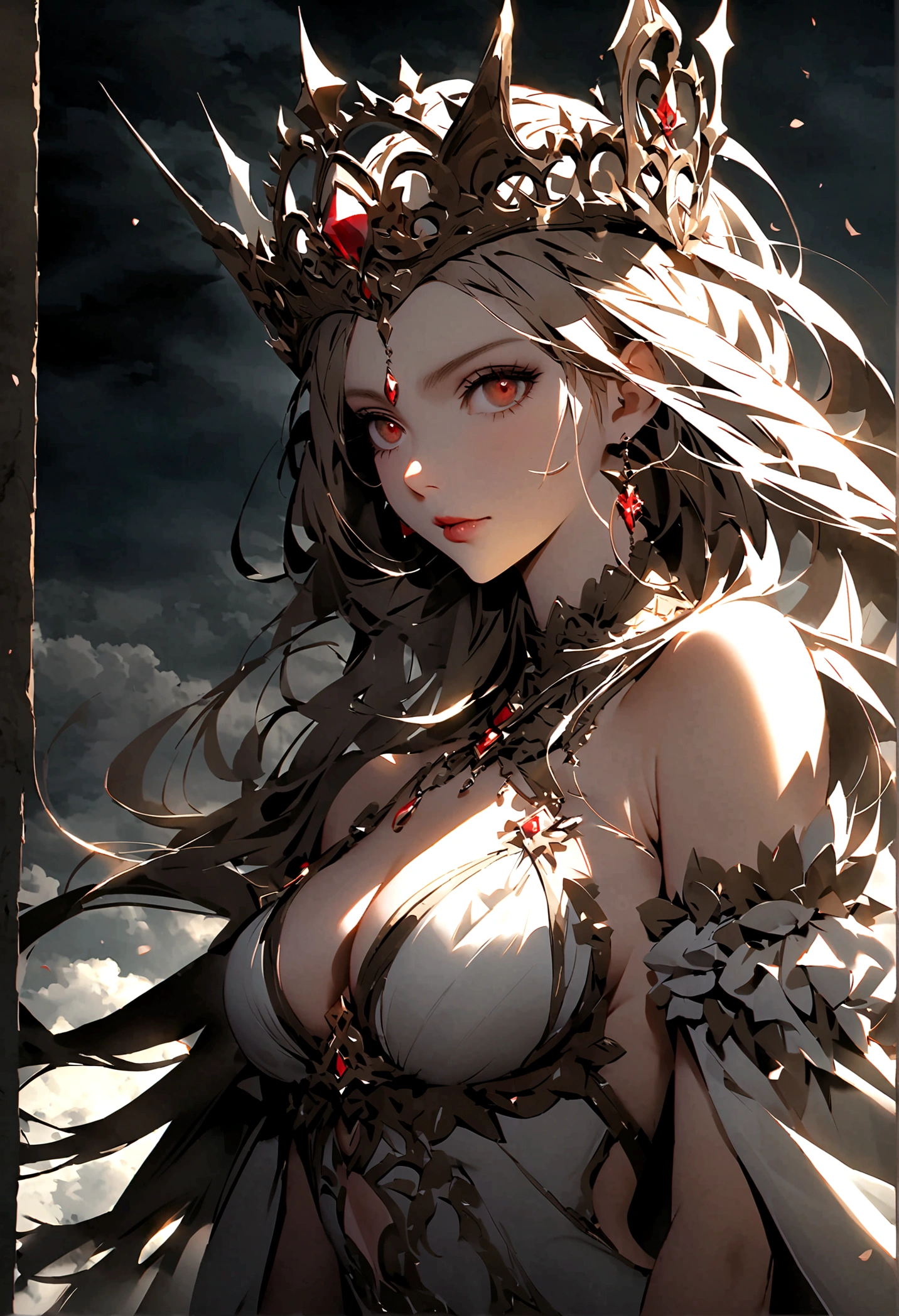 (only one person),Dark sky,((Winter)),dark clouds,Ice Crown,goddess,(Short flowing hair),Sexy,noble,grace