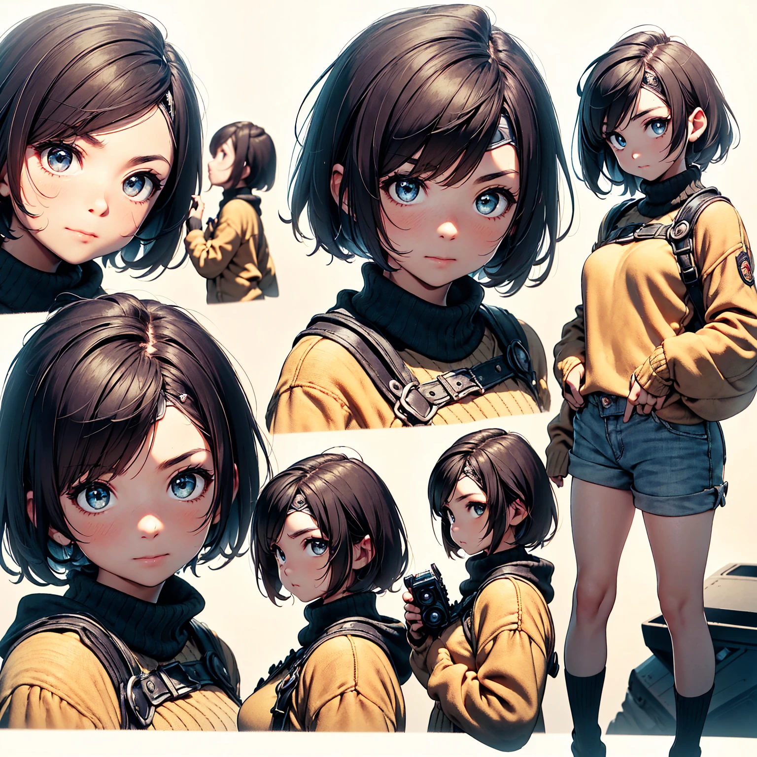 8K quality,(super masterpiece:1.3),Highest quality,Detailed Images,The real picture,Natural lighting,symmetrical beauty,1 female,9 expressions,Nine portraits,lots of sketches,Yuffie Kisaragi,Hairstyle(short hair),clothing(head band,turtleneck,No sleeve,Shorts),(very cute:1.3),(Face directly towards the camera,Looking directly at the viewer,looking at the camera,The body faces the viewer,The body is facing the direction of the camera,Face looking straight into the camera).