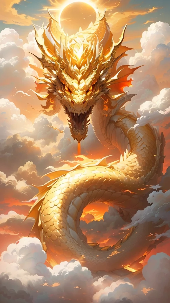 Close-up of a dragon in the clouds with the sun in the background, Golden Dragon, Chinese Dragon concept art, Dragon Oil Painting, fiery dragon snake, smooth Chinese Dragon, Dragon Art, Majestic Japanese Dragon, With a giant dragon in the background, Chinese Dragon, Dragon God, Legendary Dragon, Chinese Fantasy, Fire-breathing dragon in the sky, A dragon made of clouds