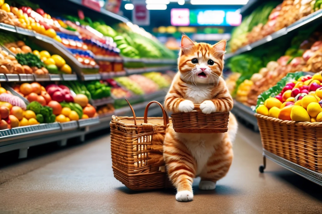 Variable cat in front of shops carries groceries, little baby sobbing