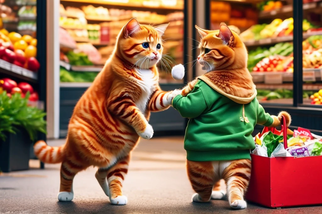 Variable cat in front of shops carries groceries, little baby sobbing 