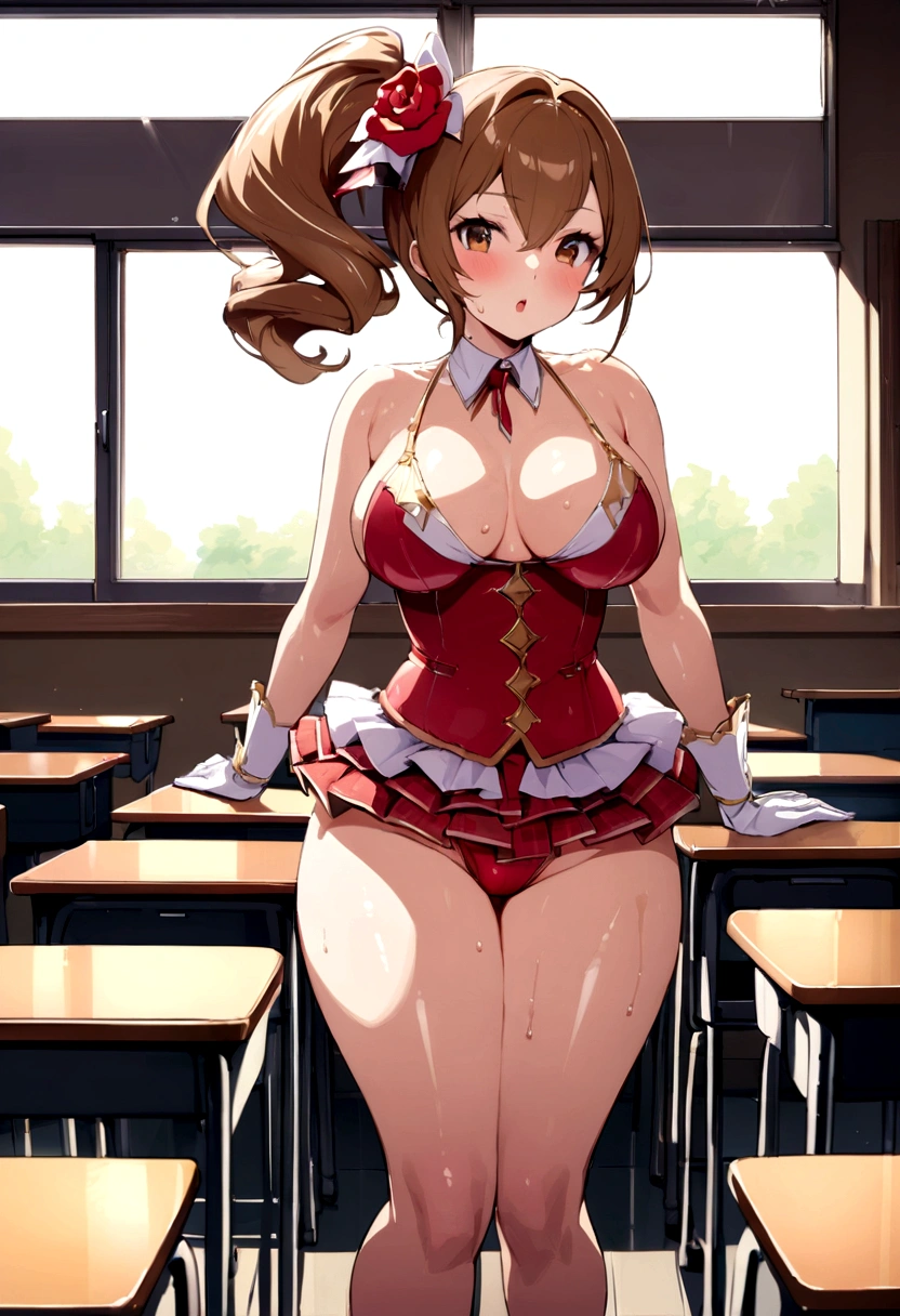 Swimsuit、Huge edium brown hair、25-year-old gravure idol、 look、Shiny, oily skin、Shiny thighs、classroom