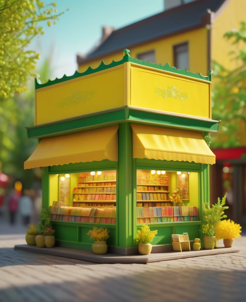Miniature miniature dollhouse in the style of Cheng Yanjun, vibrant colors, joyful celebration of nature, rendered in cinema4d, yellows and greens, elaborate newsstand, highly realistic, rim light