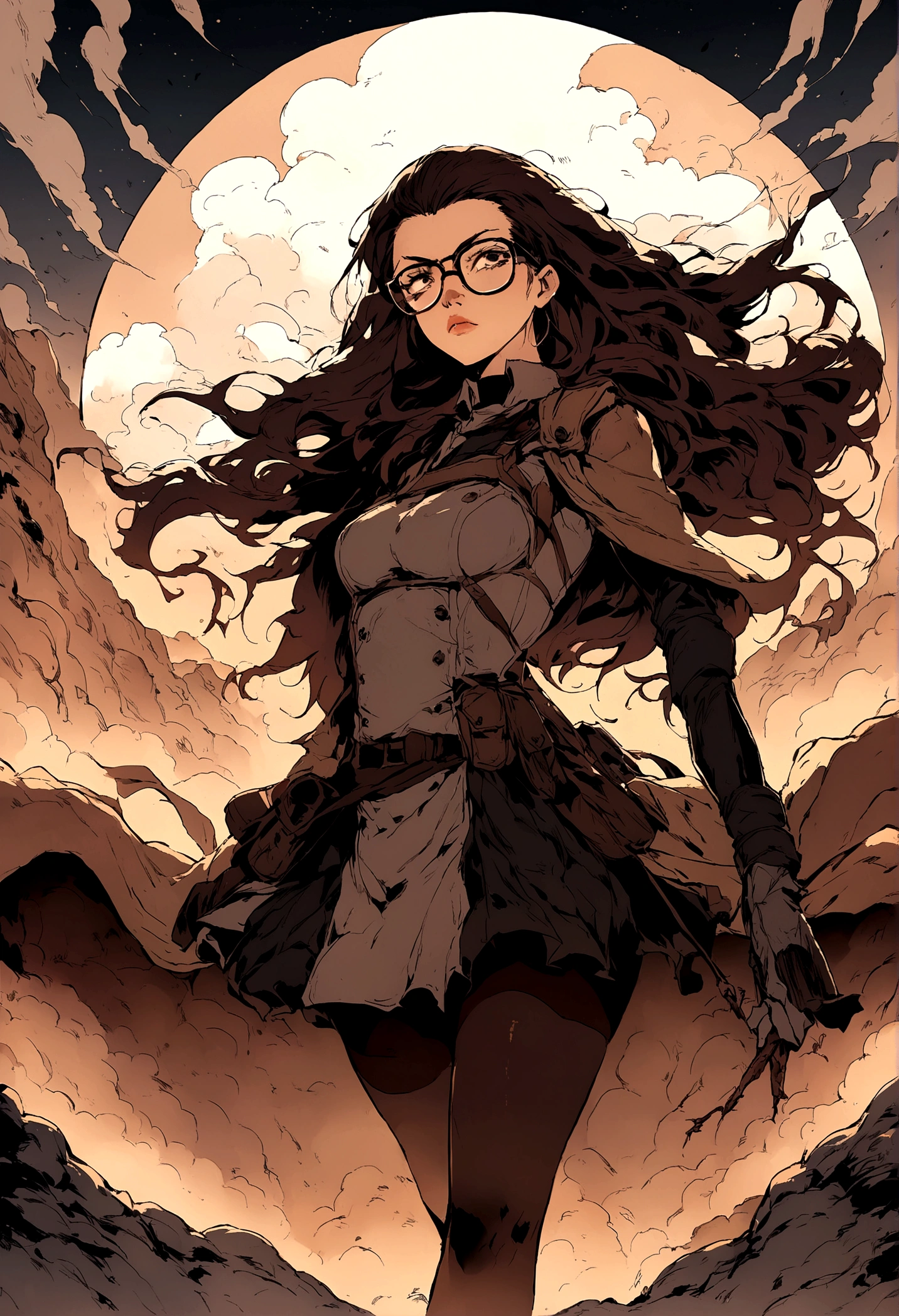 ((Tights))，future technology，Illustration style，Long hair，beautiful，battlefield，dust，Dark，Glasses