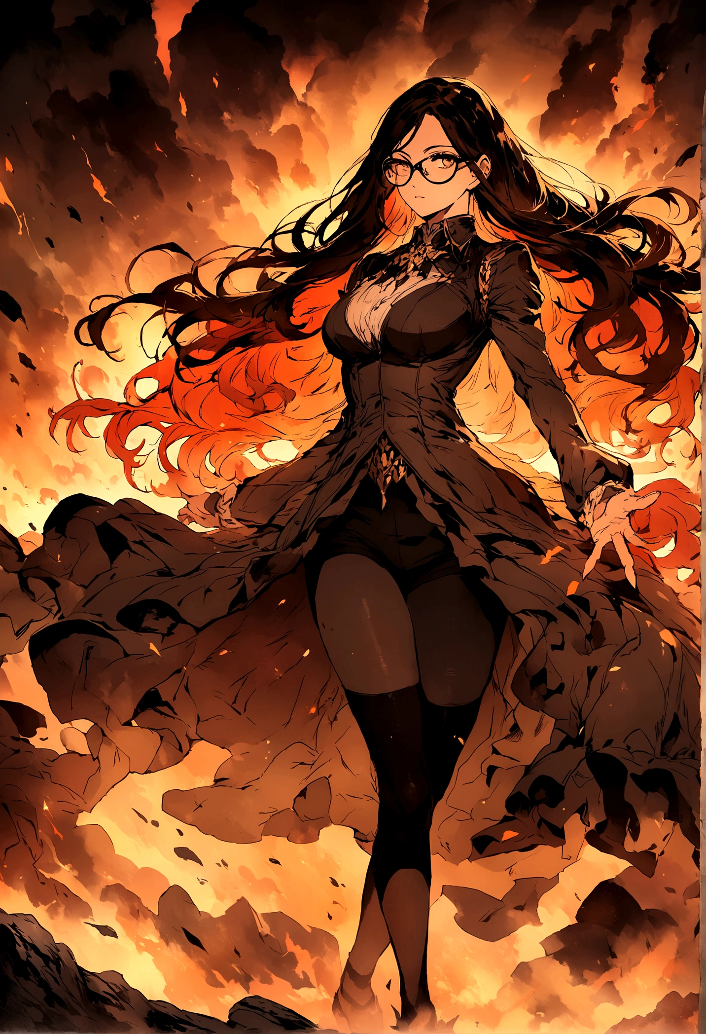 ((Tights)),future technology,Illustration style,Long hair,beautiful,battlefield,dust,Dark,Glasses