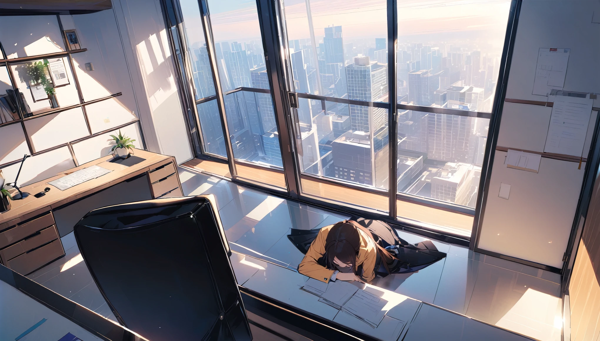 office,总裁的office,Floor-to-ceiling windows,A top-down view of the scene,