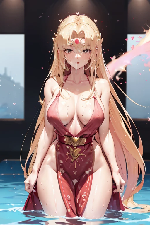 blonde very long hair, red eyes, wearing a sexy pink dress, side slit, ultrasharp, looking at the viewer, ((best quality)), ((masterpiece)), (detailed), perfect face, big breast, sexy body, sexy woman besides her, hugged, An anime scene of two girls hugging and kissing intensely, with hearts and sparkles floating around them as they stand in pool of water