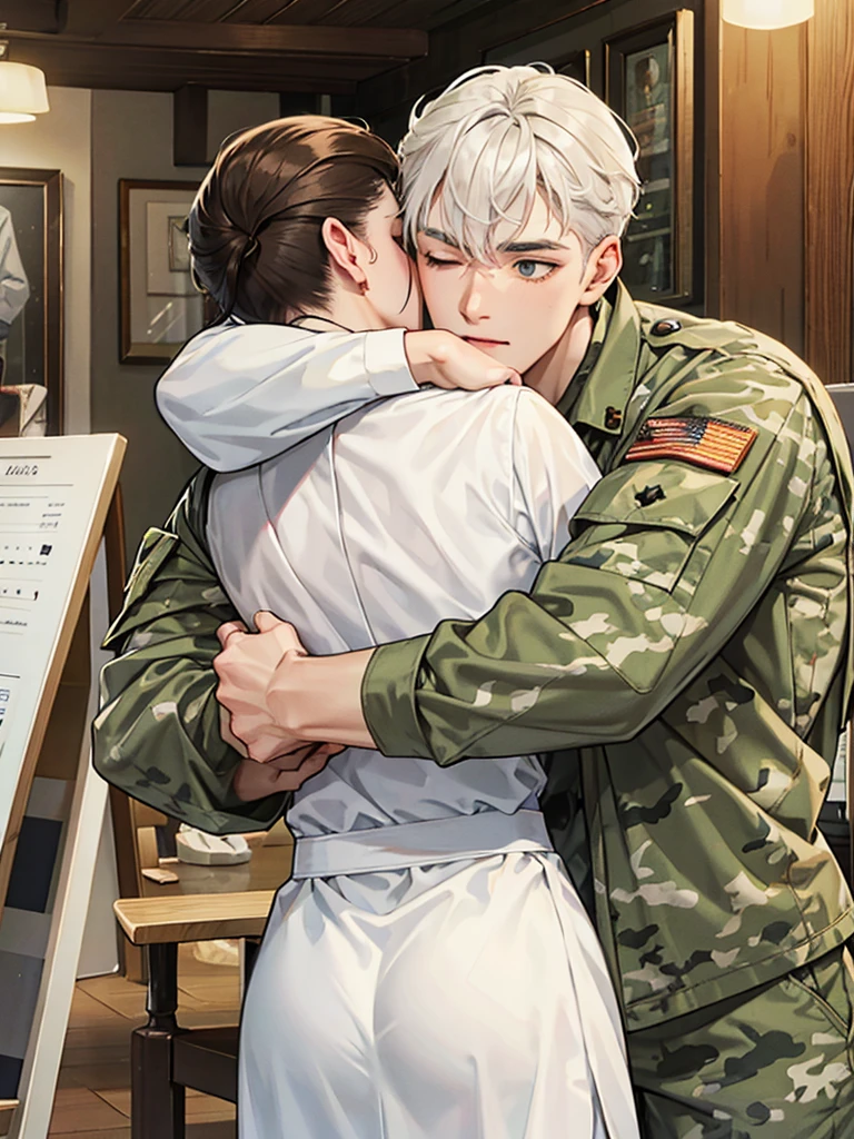 camouflage soldiers,White nurses, , hugs.
