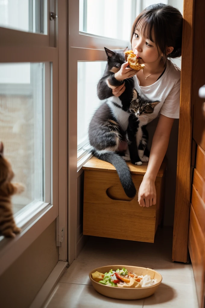 A kitten is eating food in the room