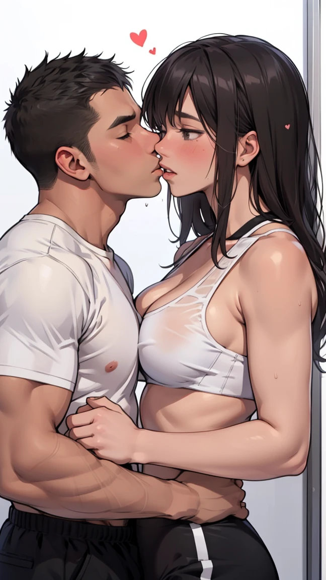 1man and 1woman,Broken heart,love break,strong emotions,excitement,romance,complicity, man shirtless, woman sport bra, kissing, (man and woman clothes are off then they kissing)