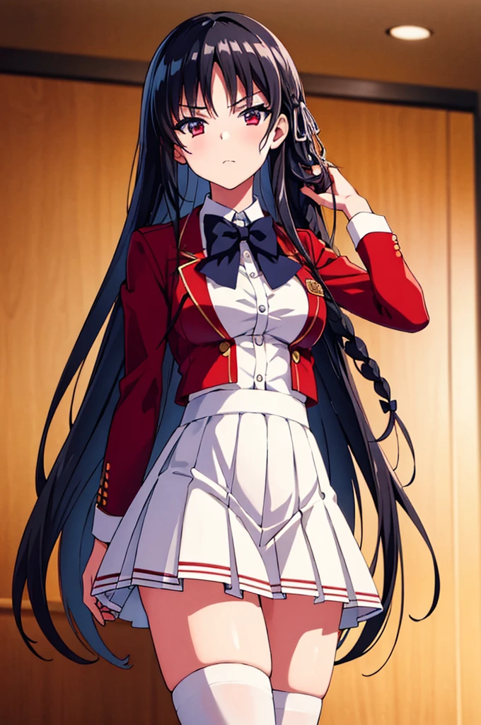 ((masterpiece)), absurdres, high resolution, ((best illustration)), ((super fine illustration)), (official art:1.2), (anime keyvisual:1.2), perfect anatomy, 8k, 8k portrait, 
1girl,
Suzune Horikita, 
Suzune Horikita \(youjitsu\),
long hair, braid, 
black hair, 
red eyes, slant eyes, small eyes, 
blue bow, 
medium breasts, 
red jacket, shirt formal, white skirt, pleated skirt, black thigh-high socks,
cowboy shot, 
perfect light, background of indoor, 