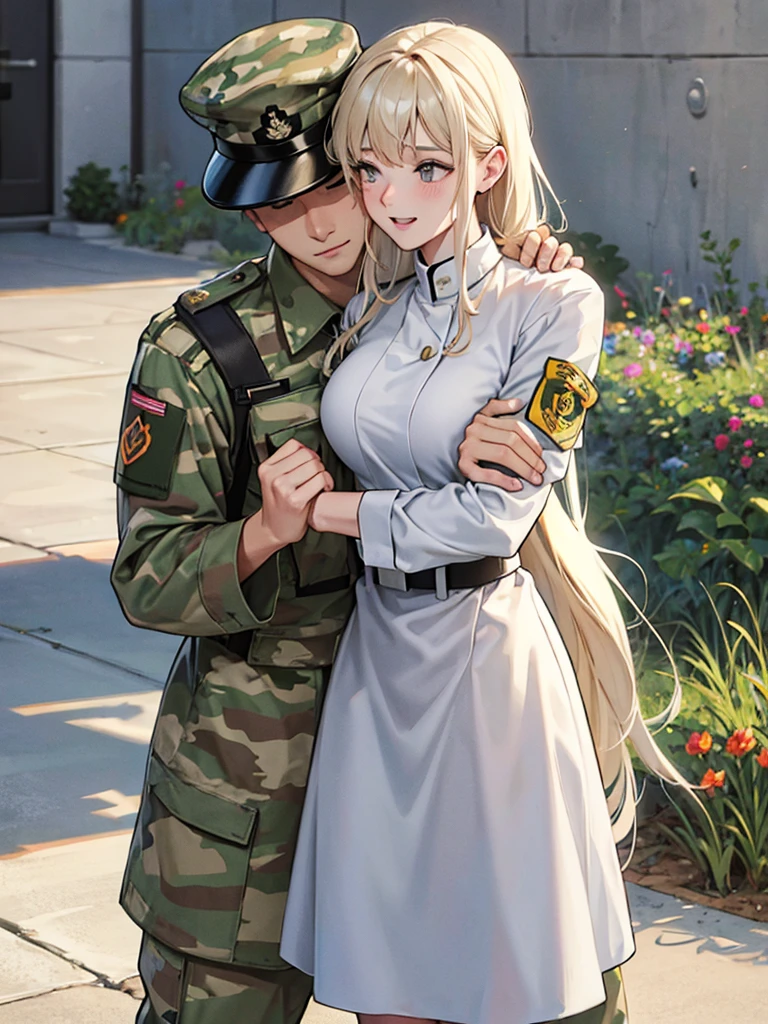 camouflage soldiers,White nurses, , hugs.