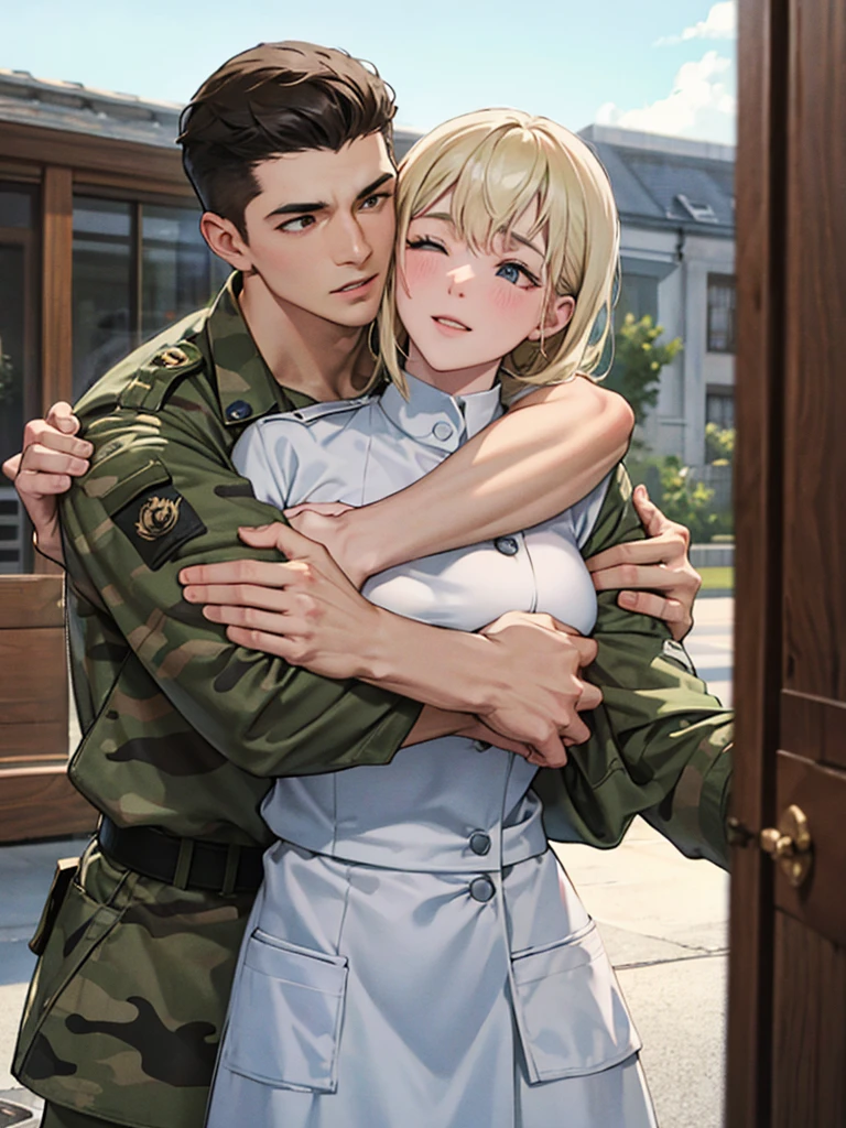 camouflage soldiers, White nurses, hugs.