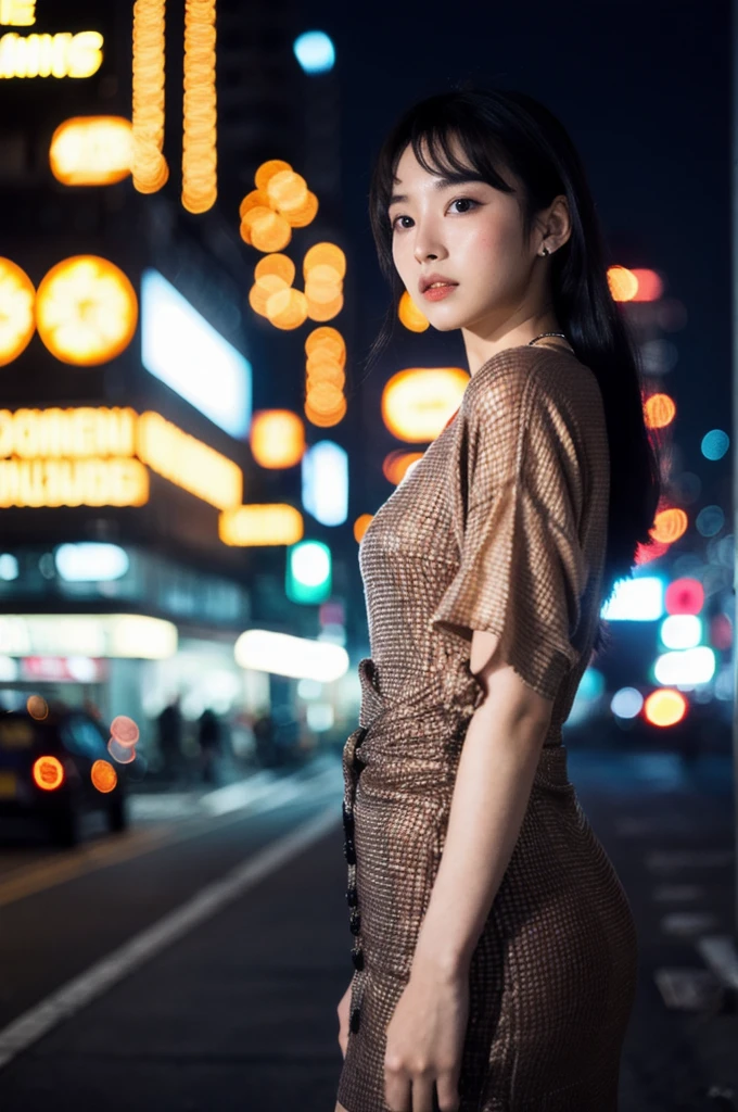 (Cinematic Aesthetic:1.4) Photo of a beautiful korean fashion model bokeh city night