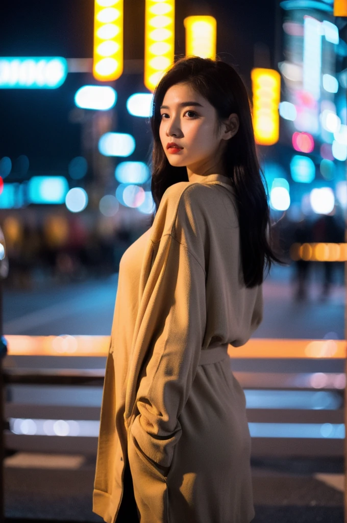 (Cinematic Aesthetic:1.4) Photo of a beautiful korean fashion model bokeh city night